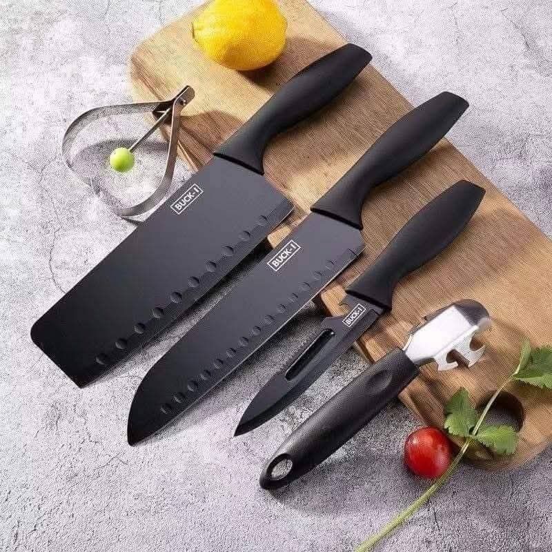 BUCK-I Knife Set (Category: Knives & Chopping Boards) located in Manila. Submitted by raredeer-4deb4e (Listing ID 1411207169, Image 3). Description: Knife set includes a chef's knife, a bread knife, a paring knife, and a peeler. The knives are black and come with a heart-shaped egg shaper. The chef's knife is designed for cutting bread, vegetables, and fruits. The set comes in a black box..
