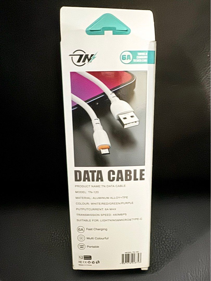 Data Cable (Category: Cables & Adaptors) located in Singapore. Submitted by kvllns (Listing ID 1411221521, Image 2). Description: ⚡️ Model: TN-120. ⚡️ Charging: Supports high-speed charging (e.g., 120W or 6A) for Android/iOS devices. ⚡️ Connectors: Often features Type-C, but variants can include Micro-USB and Lightning (3-in-1). ⚡️ Data: Capable of high-speed data synchronization. ⚡️ Material: Made with durable materials like aluminum alloy, PVC,