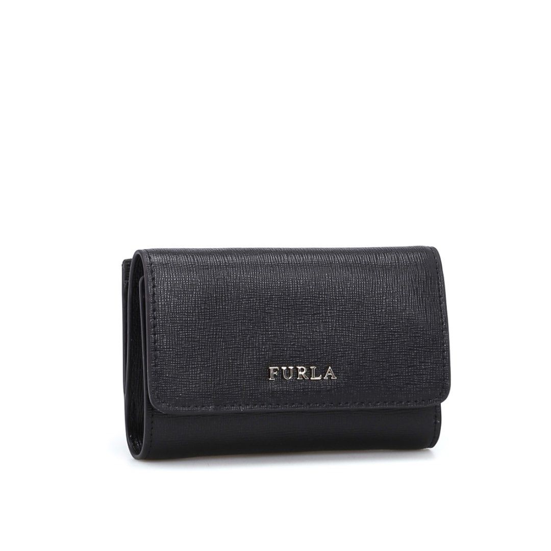 Furla Babylon Trifold Black Leather Wallet (Category: Luxury Bags & Wallets) located in Santa Maria. Submitted by rsr__ (Listing ID 1411196453, Image 1). Description: Authentic Bought from Japan Grade B (good & used condition) Message me for actual pictures :) Black Furla wallet. It features a flap closure with the Furla logo. The wallet opens to reveal multiple card slots and a zippered compartment. The wallet is compact and suitable for everyda