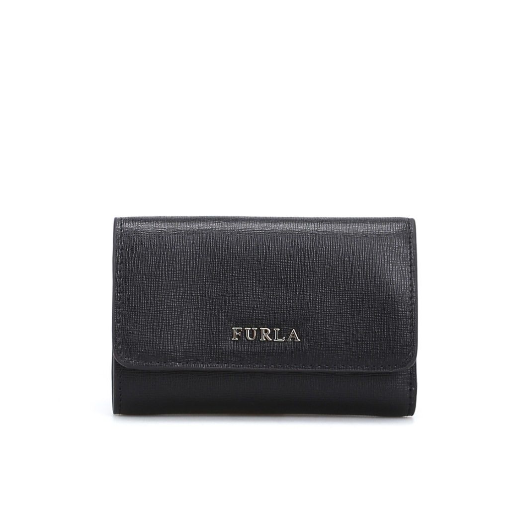 Furla Babylon Trifold Black Leather Wallet (Category: Luxury Bags & Wallets) located in Santa Maria. Submitted by rsr__ (Listing ID 1411196453, Image 3). Description: Authentic Bought from Japan Grade B (good & used condition) Message me for actual pictures :) Black Furla wallet. It features a flap closure with the Furla logo. The wallet opens to reveal multiple card slots and a zippered compartment. The wallet is compact and suitable for everyda
