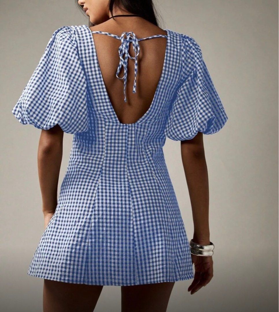 Blue Gingham Button Down Mini Dress With Puff Sleeves (Category: Dresses) located in Pasig City. Submitted by Arieee (Listing ID 1411195997, Image 2). Description: ✨Small/Medium (refer to the uploaded photo for the actual sizing) ✨Like new, worn only once during a Boracay trip ✨Actual when worn photos available upon request via PM..