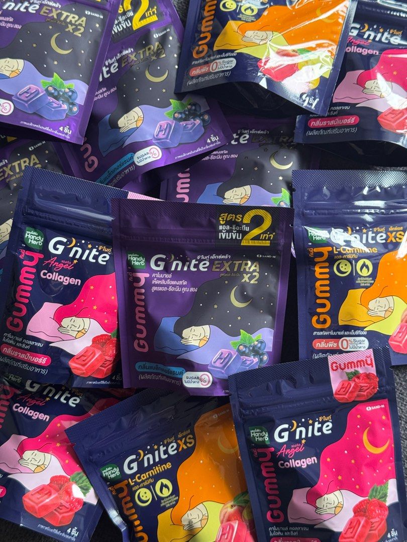 Handy Herb G'nite Gummy Supplements (Category: Health Food, Drinks & Tonics) located in Taguig. Submitted by chonkyfinds (Listing ID 1411184356, Image 1). Description: Handyherb g’Nite XS Gummy (for sleep) PHP150/pack Flavors/variants available: - L-Carnitine, Peach Flavor - Collagen, Raspberry Flavor - X2 EXTRA STRENGTH, Blackcurrant Flavor *each pack has 4pcs *multiple packs available *purchased from Thailand.