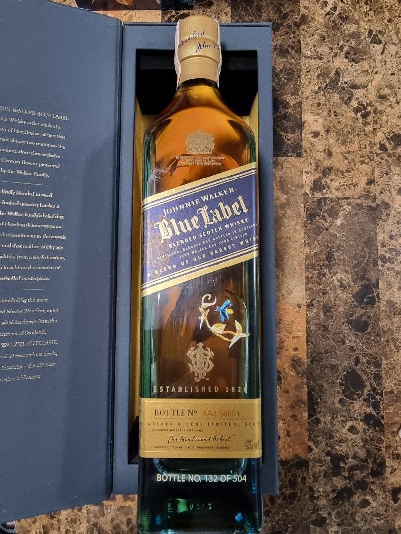 Johnnie Walker Blue Label Limited Edition Bohol (Category: Beverages) located in Caloocan City. Submitted by brydgreat (Listing ID 1411211878, Image 1). Description: - Johnnie Walker Blue Label Limited Edition - Features a unique blue and gold design - Presented in a matching blue box - Bottle number: 132 of 504 - A must-have for whiskey collectors.
