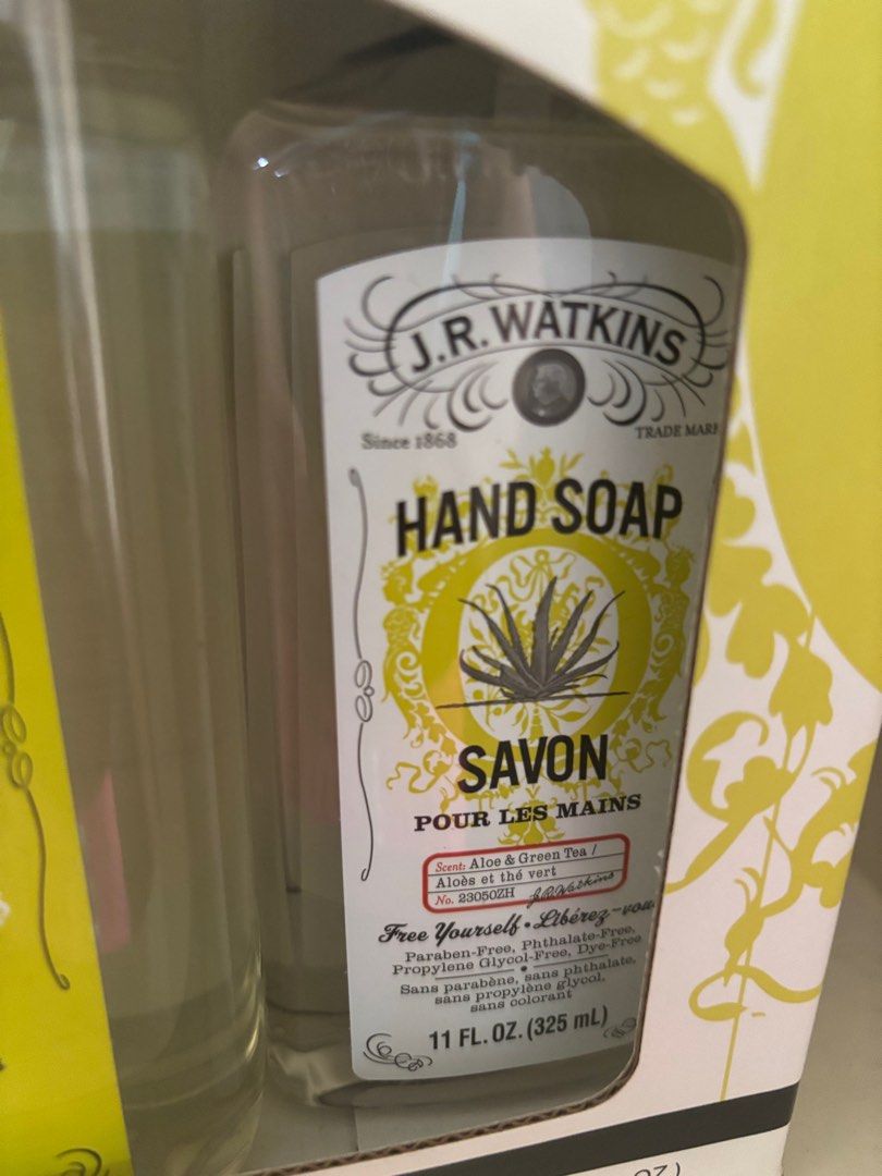 J.R WATKINS Hand soap (Category: Body Care) located in Las Pinas. Submitted by ringringms (Listing ID 1411168338, Image 2). Description: J.R. Watkins Hand Soap gift set - Aloe & Green Tea scent - Leaves hands smooth and soft - Made with natural ingredients - Refillable bottle - Fresh, clean scent - Crafted in the USA since 1868 - Paraben Free -Phthalate Free -Propylene Glycol Free - Dye Free -All natural ingredients .