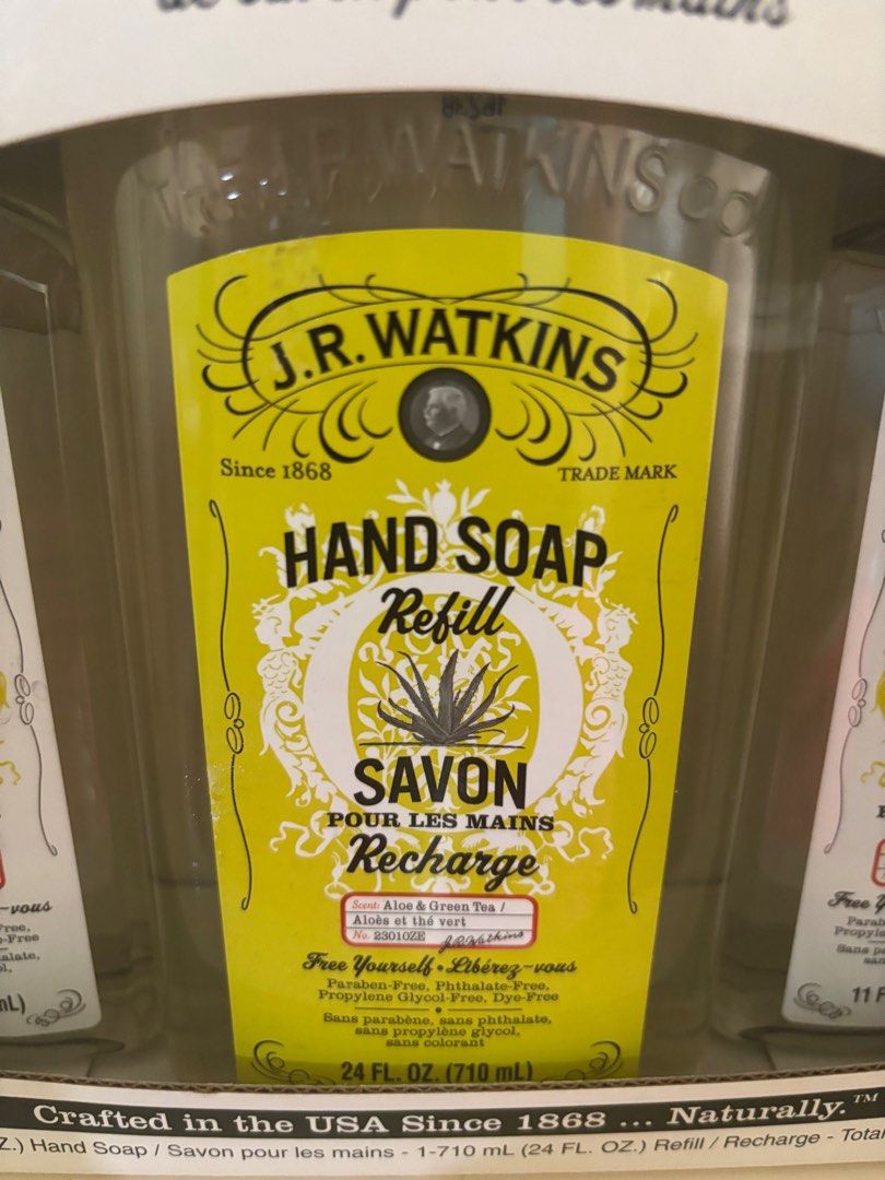 J.R WATKINS Hand soap (Category: Body Care) located in Las Pinas. Submitted by ringringms (Listing ID 1411168338, Image 3). Description: J.R. Watkins Hand Soap gift set - Aloe & Green Tea scent - Leaves hands smooth and soft - Made with natural ingredients - Refillable bottle - Fresh, clean scent - Crafted in the USA since 1868 - Paraben Free -Phthalate Free -Propylene Glycol Free - Dye Free -All natural ingredients .