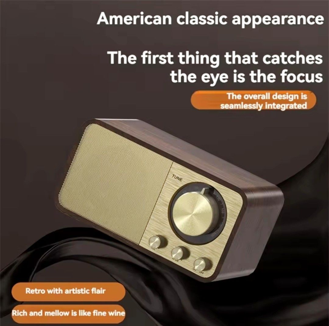 Retro Design Bluetooth USB FM radio Speaker (Category: Portable Music Players) located in Antipolo. Submitted by swiftbird_acaae2 (Listing ID 1411156694, Image 1). Description: - Retro wood grain vintage design - Bluetooth 5.0 for stable connection - Fm radio tuner + Bluetooth - Supports TF card, aux, & USB - USB supports mp3 & Wav - Strong FM signal reception - Classic American style - Perfect for table top retro decor - BRAND NEW with box, cabl