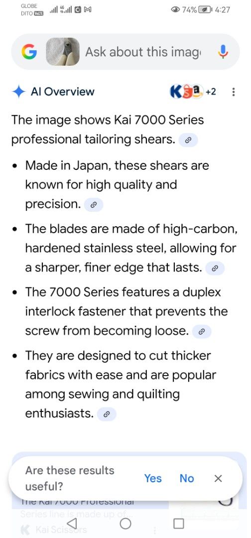 KAI SCISSORS 7000 SERIES FOR THICKER FABRIC JAPAN (Category: Knives & Chopping Boards) located in Liloan. Submitted by aidolcapz88 (Listing ID 1411160879, Image 3). Description: Size 8"..Yung blade niya is very sharp...