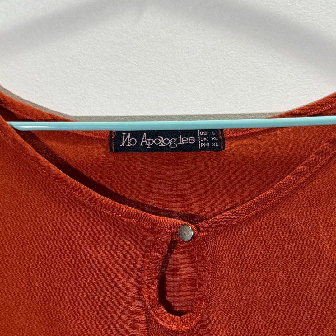 No Apologies Rust Orange Dress - XL (Category: Dresses) located in Cebu City. Submitted by rehomingstuff (Listing ID 1411206614, Image 3). Description: - Brand: No Apologies - Color: Rust Orange - Size: XL - Style: A-line dress - Features: Keyhole neckline, short sleeves, drawstring hem - Material: Lightweight fabric.
