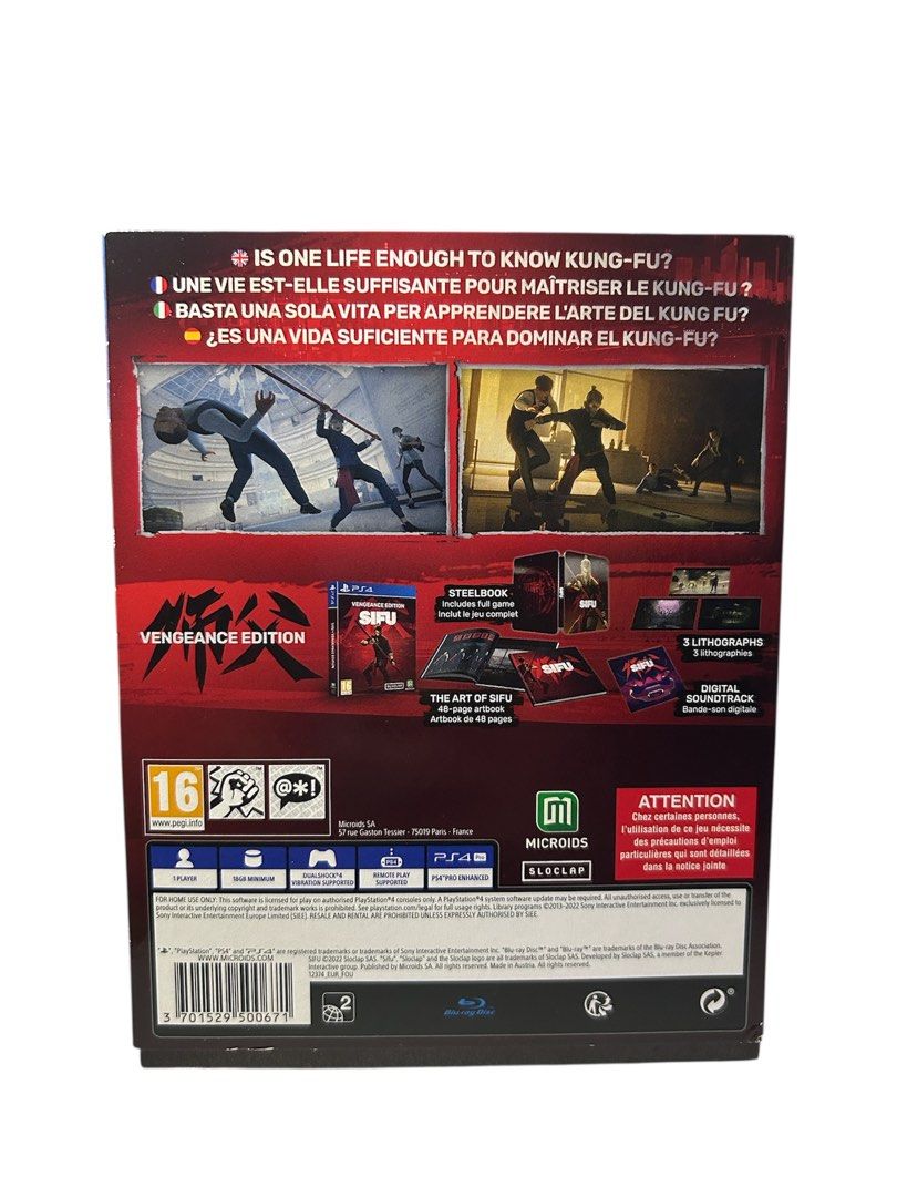 SIFU Vengeance Edition - PS4 PS5 (Category: PlayStation) located in Pasig City. Submitted by johnlovesgaming (Listing ID 1411262301, Image 2). Description: - SIFU Vengeance Edition for PS4 - Includes: Game disc, steelbook case, art of SIFU book, and lithographs - Rated 16 - Martial arts theme - Published by Microids - Developed by Sloclap - Box and contents as shown in images.