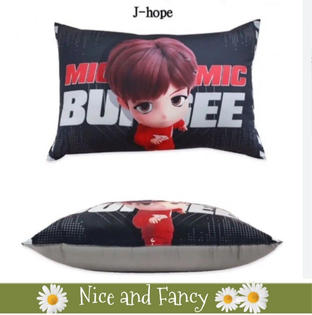 TinyTan JHope Mic Drop Pillow Case (Category: Bedding & Towels) located in Quezon City. Submitted by niceandfancy (Listing ID 1411100640, Image 1). Description: NOTE: pillow CASE only, NO pillow cotton!! size : 60 x 40cm material: cotton.