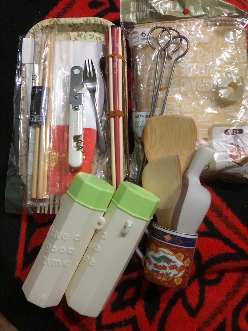Assorted lot set of japan kitchenware related items (Category: Other Kitchenware & Tableware) located in Quezon City. Submitted by markgolveo (Listing ID 1411403674, Image 2). Description: Assorted lot set of japan kitchenware related items Assorted used and new items Set includes Bnew square type thermal cooling bag Multi tool bottle can cork opener Stainless steel coffee long stirrer and cake fork used Small floral tray Fancy small ceramic tea 