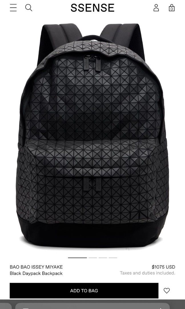 Backpack (Category: Backpacks) located in Singapore. Submitted by whyisskyblue (Listing ID 1411278010, Image 5). Description: Usual price is sgd935. Bag name: BAO BAO ISSEY MIYAKE Daypack Reflector Backpack Product details: PRODUCT DETAILS Signature triangular geometric panel construction Reflective metallic silver finish Main compartment with zip closure Front zip pocket Adjustable padded shoulder straps Black reinforced base and trim Structured