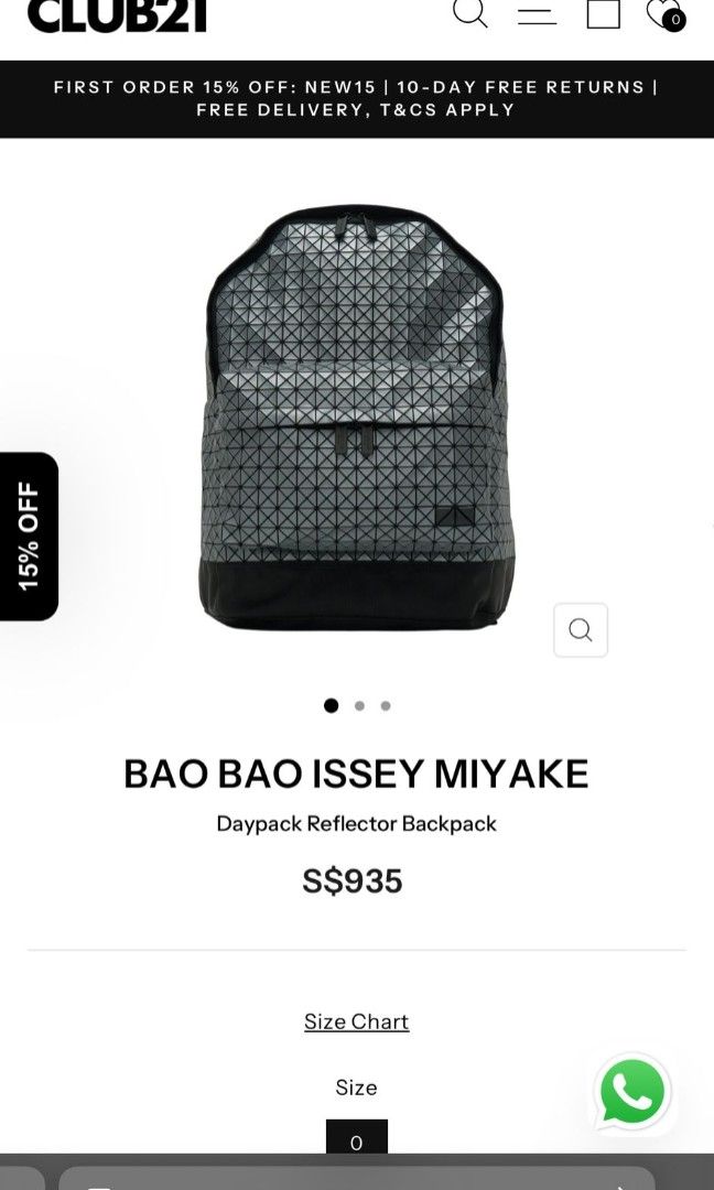 Backpack (Category: Backpacks) located in Singapore. Submitted by whyisskyblue (Listing ID 1411278010, Image 4). Description: Usual price is sgd935. Bag name: BAO BAO ISSEY MIYAKE Daypack Reflector Backpack Product details: PRODUCT DETAILS Signature triangular geometric panel construction Reflective metallic silver finish Main compartment with zip closure Front zip pocket Adjustable padded shoulder straps Black reinforced base and trim Structured