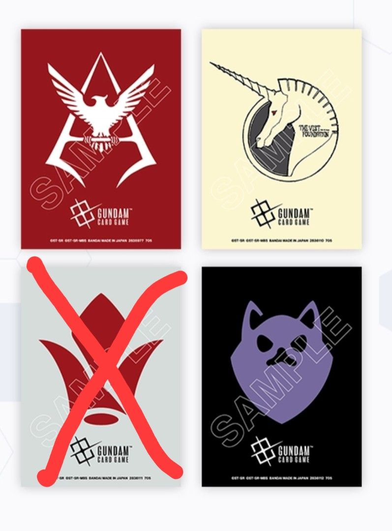 BCF gundam Card Game Sleeves - 3 Designs (Category: Trading Cards Accessories) located in Singapore. Submitted by starfreedom42 (Listing ID 1409283565, Image 1). Description: - Set of Gundam card game sleeves - Features four unique designs - Protects your cards during gameplay - Perfect for Gundam fans - Brand new * SELLING $25 EACH ** TAKE ALL @ $70.