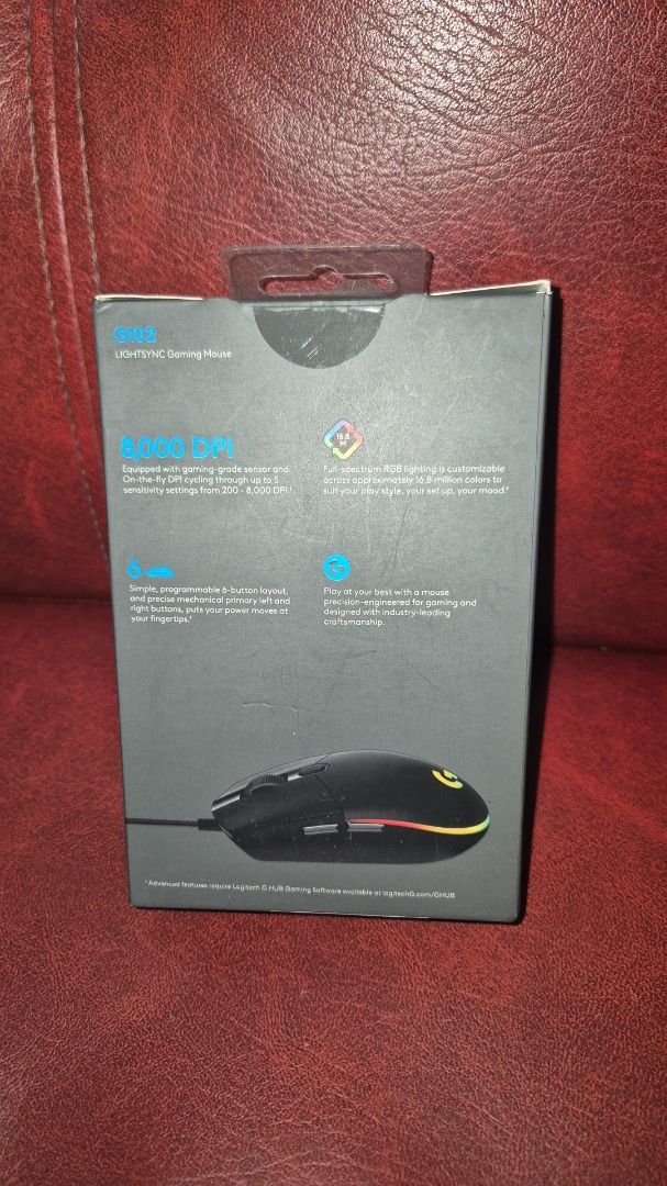 Brand New Logitech Gaming Mouse G102 LIGHTSYNC Wired 8,000 DPI (Category: Mouse & Mousepads) located in Manila. Submitted by edge888 (Listing ID 1411442835, Image 2). Description: Brand New Logitech Gaming Mouse G102 LIGHTSYNC Wired 8,000 DPI Customizable RGB Lighting Programmable Button 𝗦𝗣𝗘𝗖𝗜𝗙𝗜𝗖𝗔𝗧𝗜𝗢𝗡𝗦 • LIGHTSYNC RGB lighting • 6 programmable buttons • Resolution: 200 – 8,000 dpi Responsiveness • USB data format: 16 bits/axis • USB