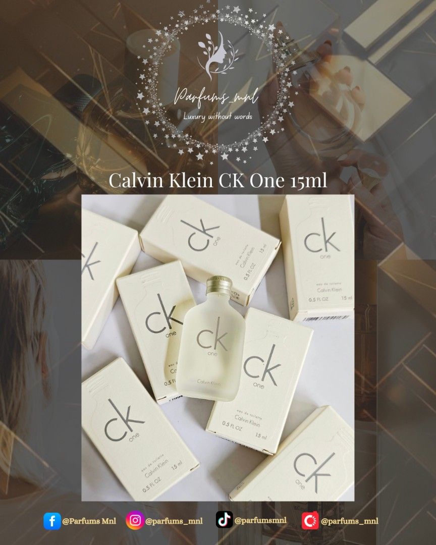 Calvin Klein CK One 15ml (sold individually) (Category: Fragrance & Deodorants) located in Manila. Submitted by parfums_mnl (Listing ID 1411326981, Image 1). Description: Calvin Klein CK One 15ml (sold individually) ❗PLS. READ❗ ⚠️Prices may change without prior notice❗ ✅All of our perfumes/products are 101% Guaranteed Original ✅Onhand Manila PH 🇵🇭 ✅All are Brand New In Box (BNIB) /Sealed ✅ALL PICTURES ARE ACTUAL. What you see in the picture, is