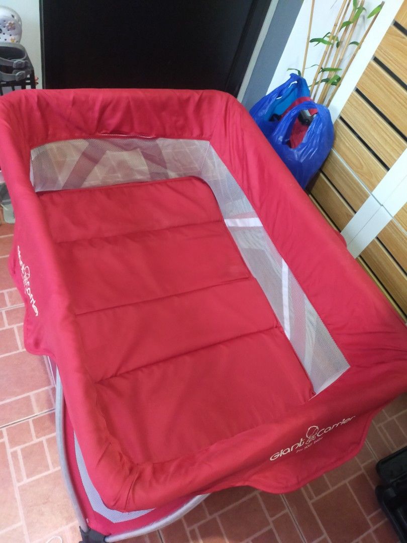 Giant Carrier Playard with Bassinet (Category: Cots & Cribs) located in Quezon City. Submitted by rnabc (Listing ID 1411337405, Image 2). Description: The Baby Company Crib pls see last pic sa issue, may minimal lang na tastas. Bought at The Landmark, orig price 8k plus almost 9k. Loc QC.