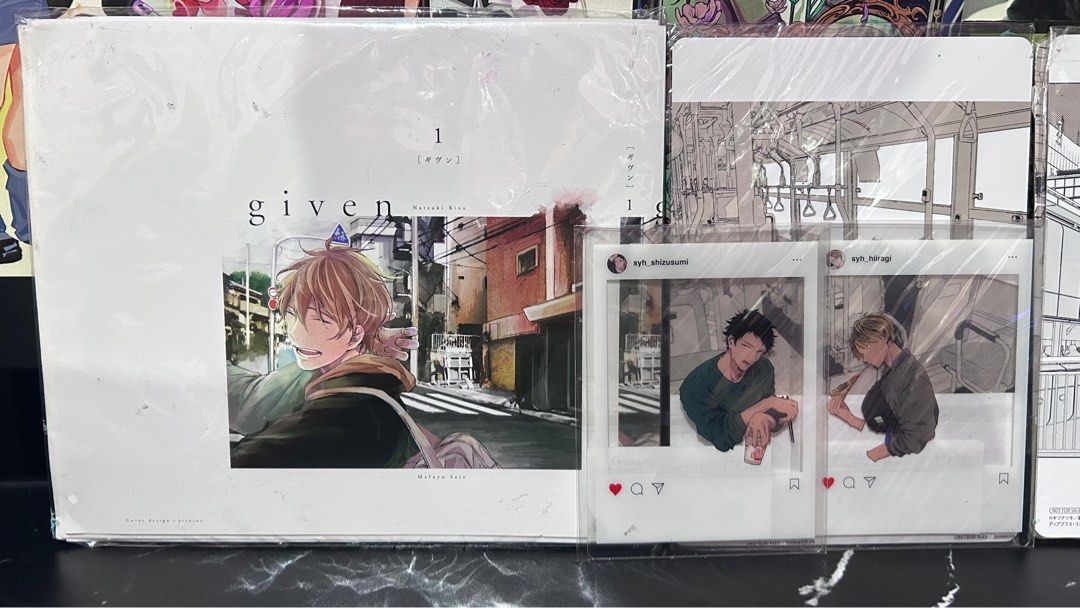 Given Pop-Up Shop Merch (Set) (Category: Comics & Manga) located in Manila. Submitted by jzki_09 (Listing ID 1411398871, Image 3). Description: SELLING AS SET Read details before DM Bought from Given Pop-Up Shop Official Merch Inclusions - Mafuyu, Uenoyama, Haruki, Akihiko Holographic A4 Clear Files - Official Postcards - Given Japanese Manga Cover (For Vol 1-6) (w/ minimal dents and slightly yellowish ung other covers, don’t know if sa design la