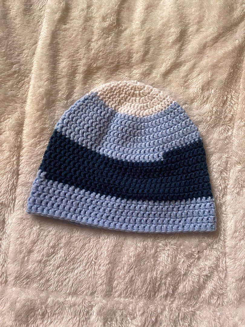handmade white/sky/navyblue crochet beanie (Category: Hats & Beanies) located in Muntinlupa City. Submitted by zleeks__ (Listing ID 1411285261, Image 2). Description: -made with 8 ply white/sky/navyblue yarn -ps. the discontinuation of colors are design Each item is personally crafted by me, making every piece unique. Minor variations are natural and part of the handmade charm. Items are made with attention to detail and handled with care. ✉️ Mes