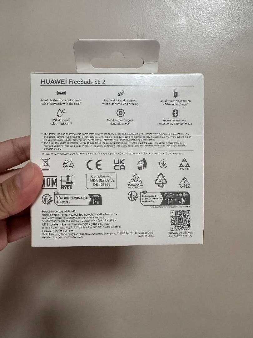 Huawei FreeBuds SE 2 (Category: Earphones) located in Pasay City. Submitted by iamdecluttering2023 (Listing ID 1411432630, Image 2). Description: - Huawei FreeBuds SE 2 - Up to 9 hours of playback on a full charge - Lightweight and compact design - Splash-resistant - Bluetooth 5.3 - Includes earbuds and charging case - Made in China More details at this link https://consumer.huawei.com/ph/headphones/freebuds-se-2/.