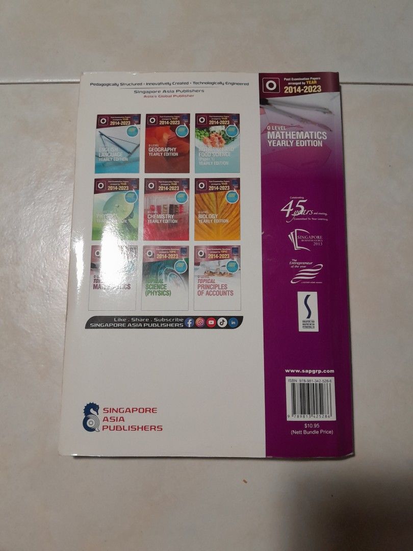 O Level Mathematics, English, Additional Math, Humanities Exam Papers (Category: Assessment Books) located in Singapore. Submitted by brybb (Listing ID 1411368604, Image 2). Description: seconary school O level ten year series 2014 to 2023 books for sale E math: answer sheet included, condition like new with minor scuffs ($9, negotiable) A math: no answer sheet, condition is moderate due to more usage ($8, negotiable) English: no answer sheet, so