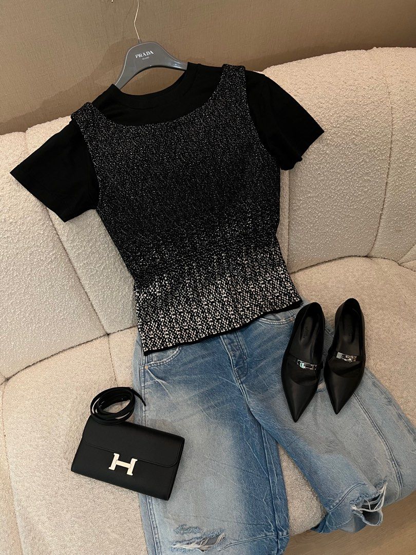 PRADA Bundle : Knit Sleeveless Top + Shirt US 6 Small to Medium Authentic Prada (Category: Luxury Apparel) located in Quezon City. Submitted by kayes_closet (Listing ID 1411301857, Image 1). Description: Two for the price of one ✨ PRADA Sleeveless Knit in Black and White + PRADA Basic Tee in Black for a US 6 Wear them together to create a layered look or separately with other pieces. ✨ *₱12,000* ❌FIXED Free Nationwide Delivery Both 95% New No fla