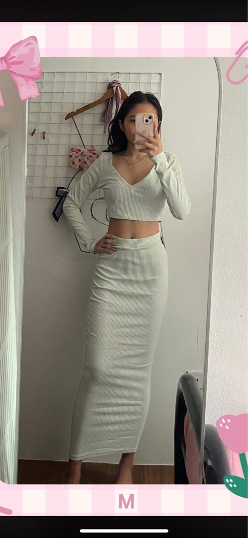 Ribbed Crop Top and Maxi Skirt Set (Category: Sets or Coordinates) located in Antipolo. Submitted by sldchloe_declutters (Listing ID 1411428089, Image 1). Description: - M on tag (but im xs) (can fit xs-m stretchable) - Sage Green .