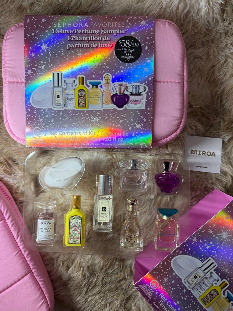 Sephora Favorites Deluxe Perfume Sampler (Category: Fragrance & Deodorants) located in Manila. Submitted by jafelizarte (Listing ID 1411275383, Image 1). Description: - Sephora Favorites Deluxe Perfume Sampler Kit - Includes a variety of deluxe perfume samples - Comes in a stylish pink case - Card value: $117 - Net contents: 1.53 fl oz.