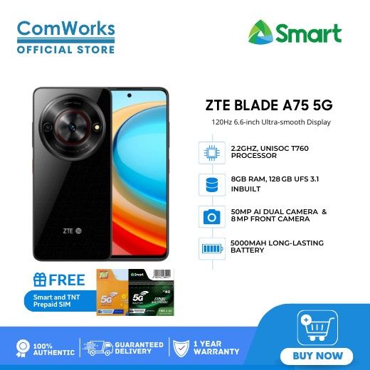 ZTE BLADE A75 5G (Category: Android Others) located in Manila. Submitted by zealbird-bfb3 (Listing ID 1411326548, Image 1). Description: ZTE BLADE A75 5G (Brand New & Factory Sealed) Condition: 100% Brand New at Sealed pa ang box. Hindi pa nabubuksan. Display: 120Hz 6.6-inch Ultra-smooth Display. Processor: 2.2GHz, UNISOC T760. Storage: 128GB UFS 3.1 Inbuilt. RAM: 8GB RAM. Camera: 50MP AI Dual Camera & 8MP Front. Battery: 5000mAh Long-lasting bat