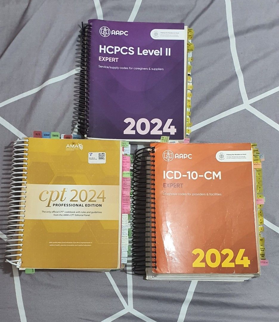 2024 Medical Coding Books - ICD-10-CM, CPT, HCPCS (Category: Textbooks) located in Quezon City. Submitted by maris_bargains (Listing ID 1398028929, Image 3). Description: - 2024 Medical Coding Books Set - Includes ICD-10-CM, CPT, and HCPCS Level II - All books are spiral-bound - Features colored tabs for quick navigation - Perfect for medical coders and students.