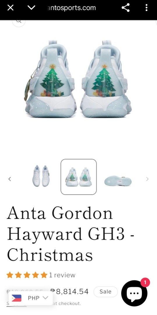Anta Gordon Hayward GH3 - Christmas (Category: Sneakers) located in Manila. Submitted by regor1976 (Listing ID 1411547687, Image 1). Description: - Anta Gordon Hayward GH3 Christmas Edition - Unique Christmas tree design on the heel - Predominantly white with light blue accents - Clear sole - Includes decorative Christmas ornament tag - Suitable for basketball and casual wear.