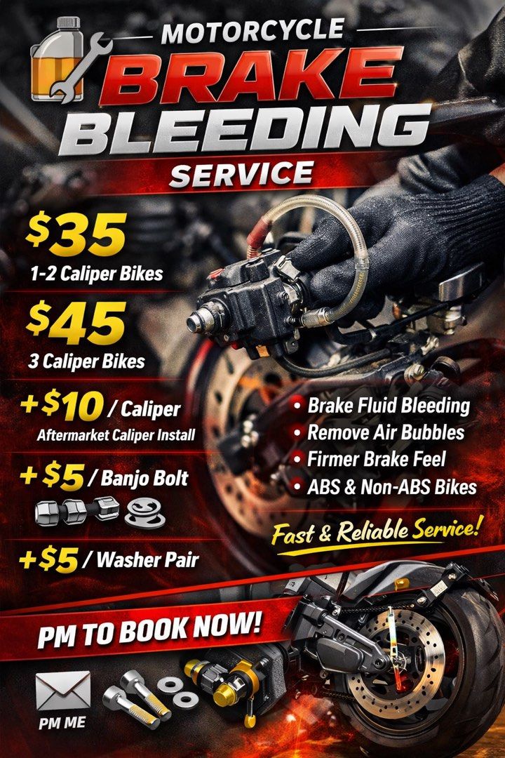 Brake bleed service (Category: Motorcycle Accessories) located in Singapore. Submitted by scootersiowsg (Listing ID 1411541350, Image 1). Description: 🏍️ Motorcycle Brake Bleeding Service 🛠️ Brake feel soft? Let’s fix it 💪 💰 Price: • $35 – 1 or 2 caliper bikes • $45 – 3 caliper bikes • + $10 / master, caliper or brake disc – Help install your own aftermarket master caliper brake disc • + $5 / banjo bolt – Customer’s own banjo bolt • + $5 / pa