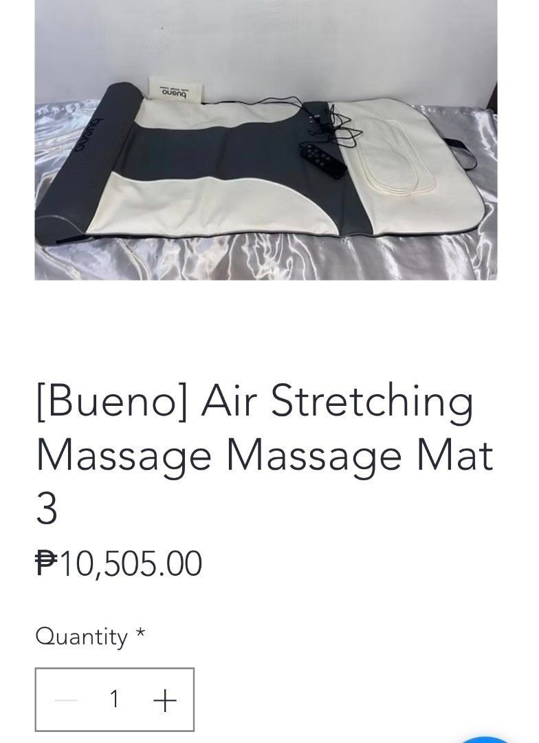 Bueno Neck & Back Massage Mat (Category: Massage Devices) located in Taguig. Submitted by joey.kim (Listing ID 1411584584, Image 3). Description: - Brand new Bueno Neck & Back Massage Mat - Designed for neck and back relaxation - Features air massage - Includes 4 massage points - Comes in original packaging.