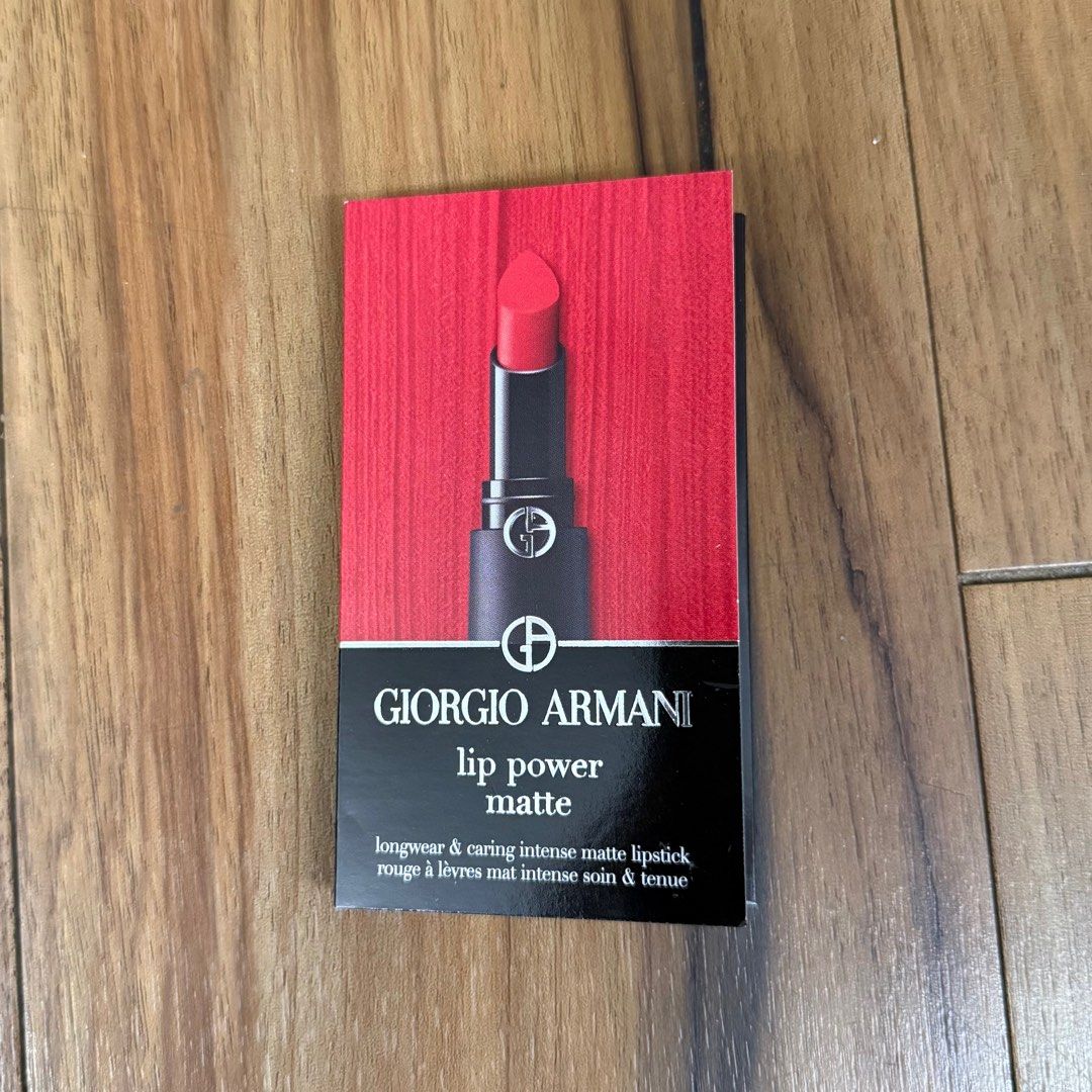 Giorgio Armani Lip Power Matte Lipstick Sample (Category: Makeup) located in Quezon City. Submitted by glitznbits (Listing ID 1411484476, Image 1). Description: 🎀Longwear, caring intense matte finish 🎀Available shades: 111, 400, 603 🎀Elevate your beauty with Giorgio Armani lipsticks.
