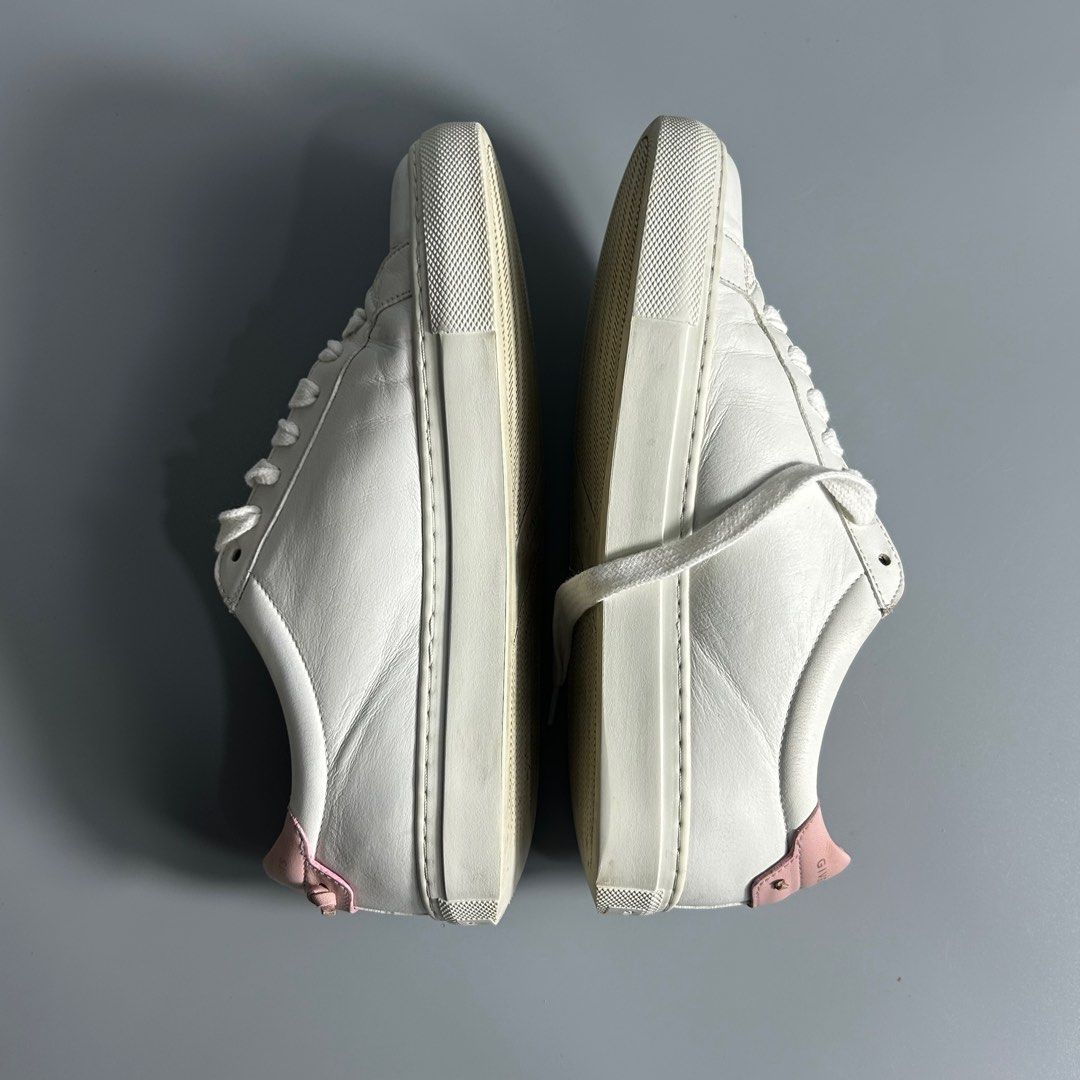Givenchy Paris Urban Street Sneakers (Category: Sneakers & Footwear) located in Cavite. Submitted by datsoretro (Listing ID 1411601857, Image 3). Description: - White leather upper - Pink interior and heel tab - White laces and sole - Givenchy Paris logo detailing - Size 36 - Made in Portugal - Visible heel drags, creases, etc. No major flaws. .