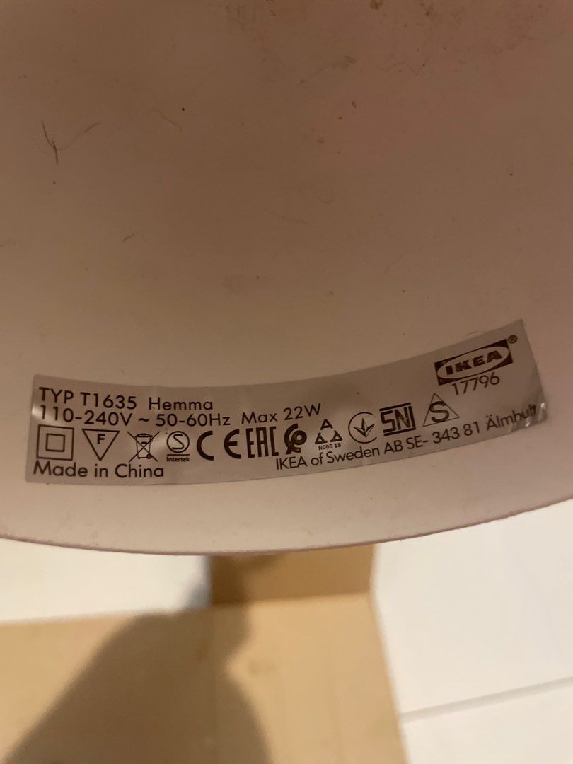 IKEA HEMMA Pendant Lamp (Category: Lighting) located in Taguig. Submitted by fae99 (Listing ID 1411550357, Image 2). Description: IKEA HEMMA pendant lamp. White lamp with a white cord and plug. The lamp is marked with the following specifications: 110-240V ~ 50-60Hz Max 22W. Made in China. Model number is T1635. Includes the lamp holder..