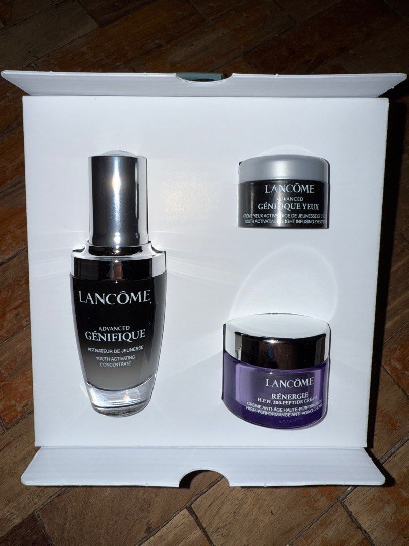 Lancome Advanced Genefique Anti Aging Serum Set (Category: Face Care) located in Manila. Submitted by kirslimm (Listing ID 1411502610, Image 2). Description: Sold as a set: 1. Lancome Advanced Genifique Youth Concentrate 30mL 2. Lancome Advanced Genifique Yeux 5mL 3. Lancome Renergie 300 peptide cream 15mL A hydrating serum that strengthens the skin’s protective moisture barrier for healthy, glowing skin. WHAT IT IS This hydrating serum strengthe