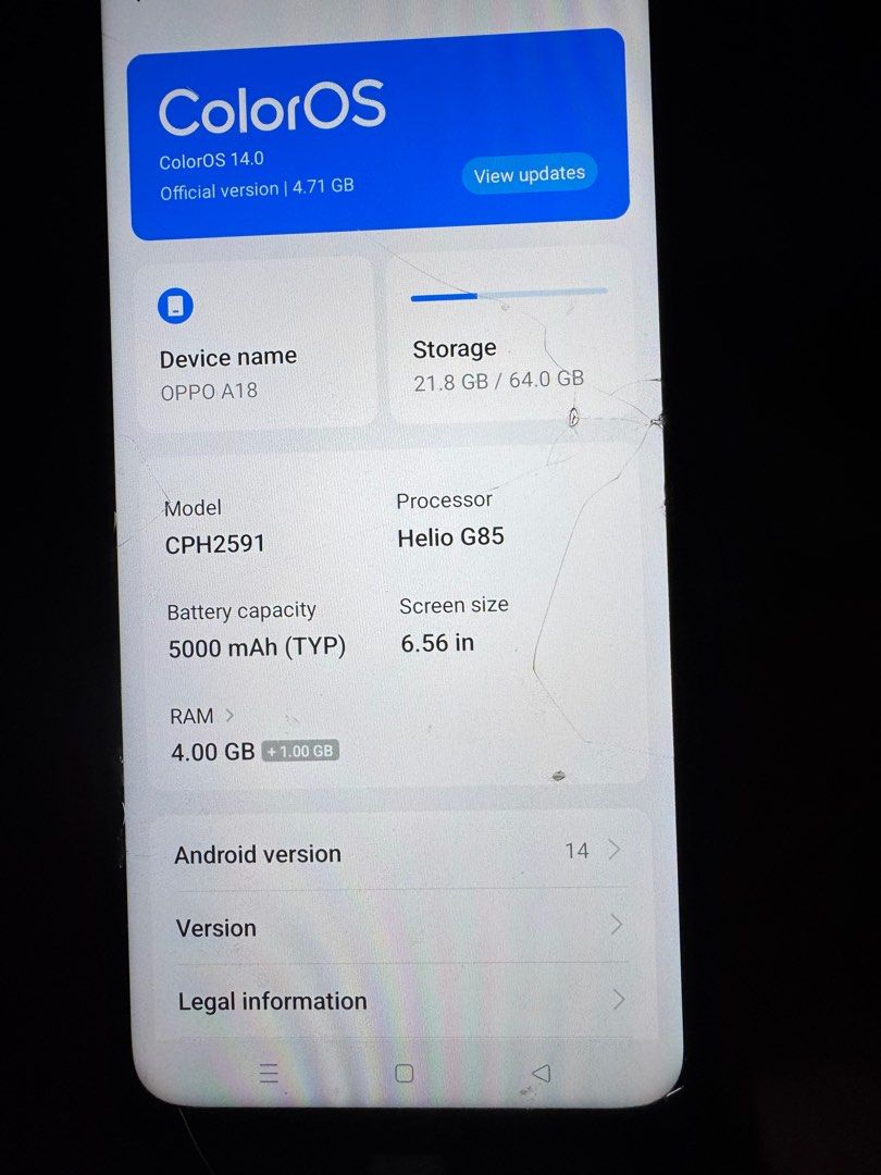 Oppo A18 (Category: OPPO) located in San Jacinto. Submitted by myjaekyung (Listing ID 1411460286, Image 3). Description: Only sure buyer Dm in good condition need to change tempered glass 3.8k only will send a video for sure buyer only .
