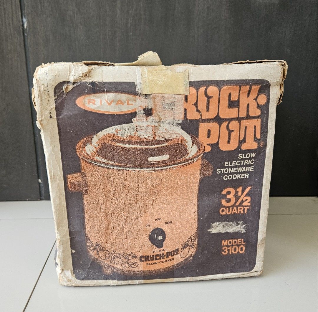 Rival Crock-Pot 3.5 Quart Slow Cooker 110v (Category: Cookers) located in Rizal. Submitted by cherry_garcia (Listing ID 1411556971, Image 1). Description: Vintage Rival Crock-Pot slow cooker. Features a 3.5-quart capacity. It has a glass lid and a dial with low, high, and off settings. The exterior is orange with black accents. Model number is 3100..