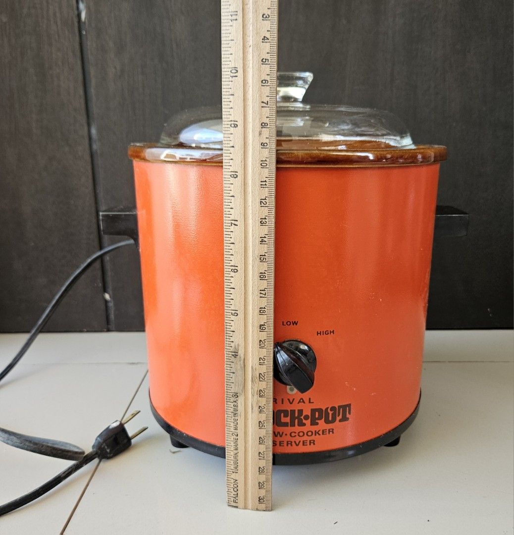 Rival Crock-Pot 3.5 Quart Slow Cooker 110v (Category: Cookers) located in Rizal. Submitted by cherry_garcia (Listing ID 1411556971, Image 3). Description: Vintage Rival Crock-Pot slow cooker. Features a 3.5-quart capacity. It has a glass lid and a dial with low, high, and off settings. The exterior is orange with black accents. Model number is 3100..