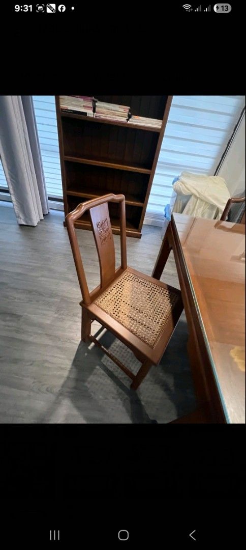 Wooden Dining Table Set with Mirror (Category: Tables & Sets) located in Las Pinas. Submitted by jesus1smysavi0r (Listing ID 1411457294, Image 2). Description: Elegant CADI brand wooden dining table set with six chairs. The table has a glass top and a decorative design. Includes a matching wooden mirror with a unique frame and a console with thick top glass. The chairs have woven seats. The table measures 192cm in length and 87cm in height. The m