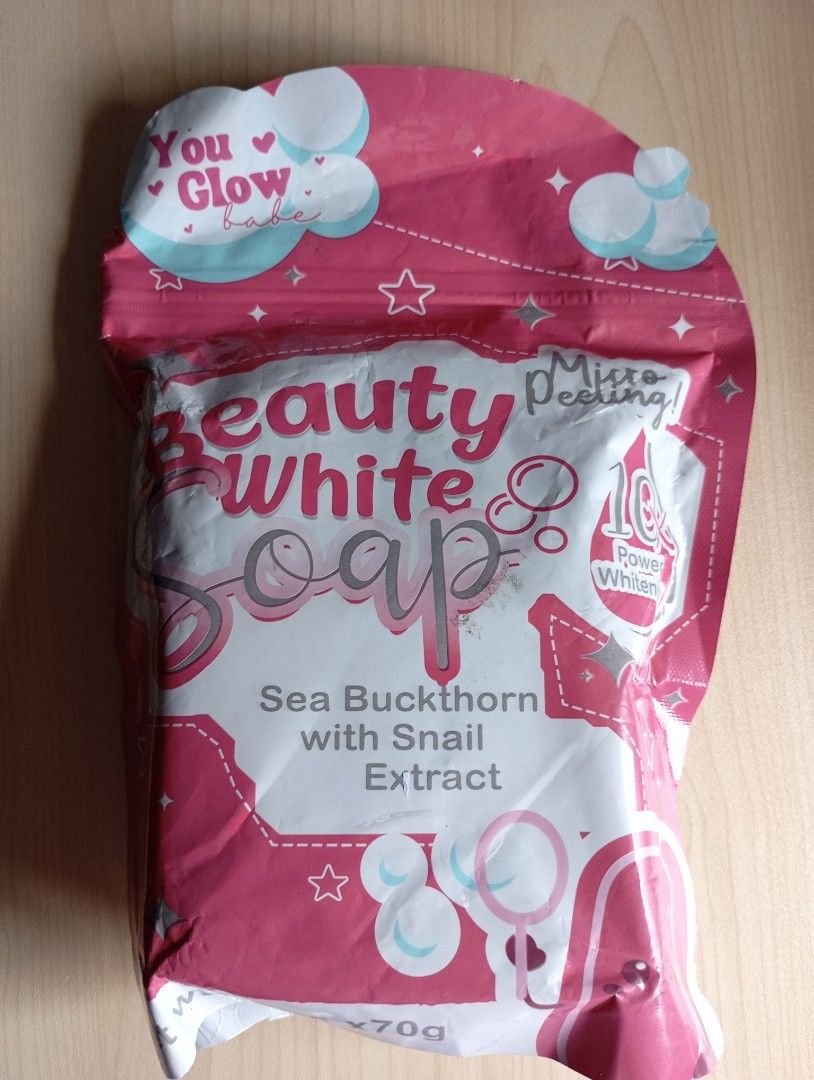 You Glow Babe Beauty White Soap (Category: Bath) located in Quezon City. Submitted by ana-chan (Listing ID 1411529108, Image 1). Description: Beauty White Soap with Sea Buckthorn, Snail Extract, and Vitamin C. Lightens skin, reduces dark spots, and moisturizes. .