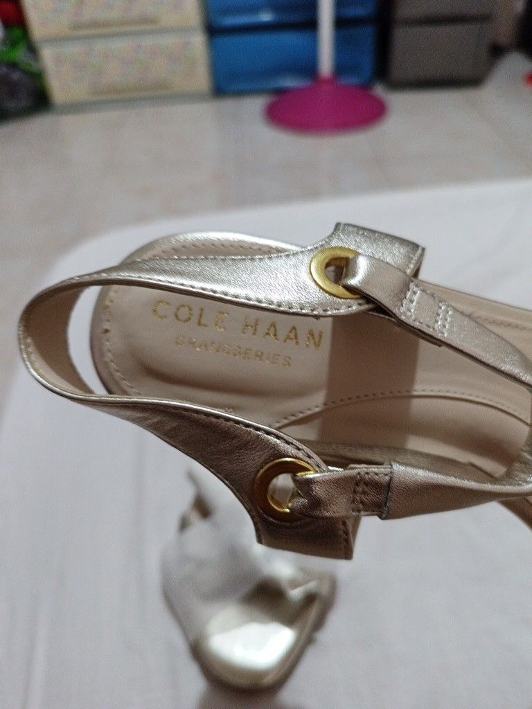 Cole Haan Josie Wedge Sandals (Category: Wedges) located in Pandi. Submitted by rizzahermo03052 (Listing ID 1411629613, Image 2). Description: - Cole Haan Josie Wedge Sandals - Gold color - Bow detail on front strap - Ankle strap - Wedge heel - Cole Haan branding on insole - Unworn condition.