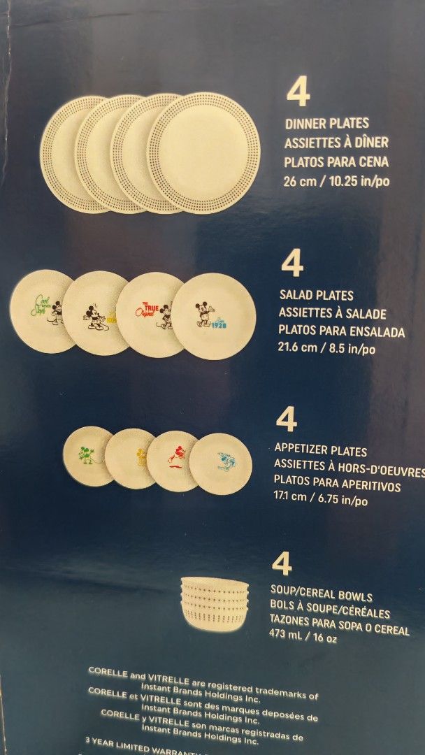 Corelle Disney Mickey & Friends 16-Piece Dinnerware Set (Category: Dinnerware & Cutlery) located in Bacoor. Submitted by laine028 (Listing ID 1411631915, Image 3). Description: For sale brand new and sealed Corelle Disney Collection (orig price 8k+ mall srp). 4 pcs Dinner plate 4 pcs Salad plate 4 pcs Appetizer Plate 4 pcs Soup/Cereal Bowls .