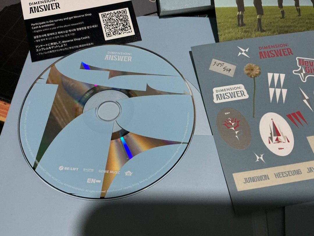 ENHYPEN Dimension: Answer Album (YET VERSION) (Category: CDs & DVDs) located in Ligao. Submitted by rinaaaroo (Listing ID 1411631802, Image 2). Description: - ENHYPEN Dimension: Answer album Sealed with KOMCA sticker - Includes album, CD, stickers, and other inclusions (no photocard included) - In original packaging only used it one time and it's in good condition - Shipping fee is always shouldered by the buyer. NO FREE SHIPPING, NO COD - Strict