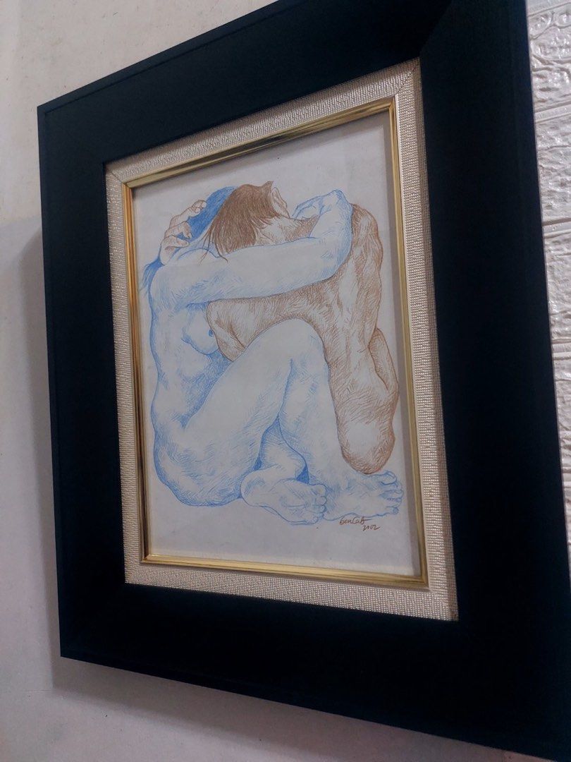 bencab 2002 (Category: Art & Prints) located in Manila. Submitted by token26 (Listing ID 1411776368, Image 1). Description: Original artwork featuring two figures embracing. The artwork is framed with a black frame and a gold inner border. The figures are depicted in blue and brown tones. Signed by the artist, with the year 2002 visible. A beautiful piece for any art collector..