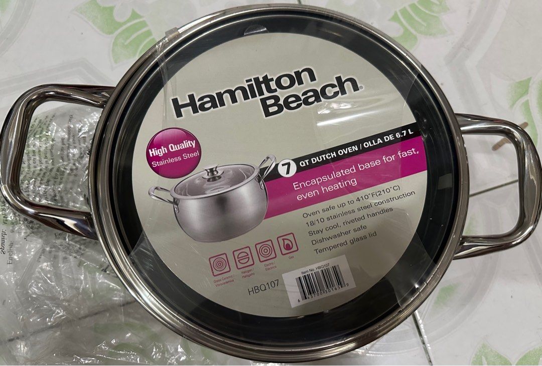 Hamilton Beach 7 QT Dutch Oven (Category: Cookware & Accessories) located in Paranaque City. Submitted by Katgalanto (Listing ID 1411657066, Image 1). Description: - Stainless steel Dutch oven - Encapsulated base for even heating - Oven safe up to 410°F (210°C) - 18/10 stainless steel construction - Stay-cool, riveted handles - Tempered glass lid - Dishwasher safe.