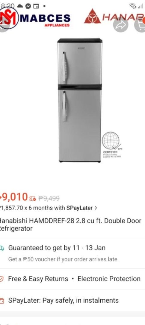 Hanabishi HAMDDREF-28 2.8 cu. ft. Refrigerator (Category: Refrigerators and Freezers) located in Quezon City. Submitted by ayaacinth (Listing ID 1411753315, Image 1). Description: Brand new Hanabishi refrigerator with a 2.8 cubic feet capacity. It features a double-door design, direct cool (frost) technology, and a top-mounted fridge. It has mechanical temperature control and an adjustable leg. Rated voltage is 230V and rated frequency is 60 Hz. 