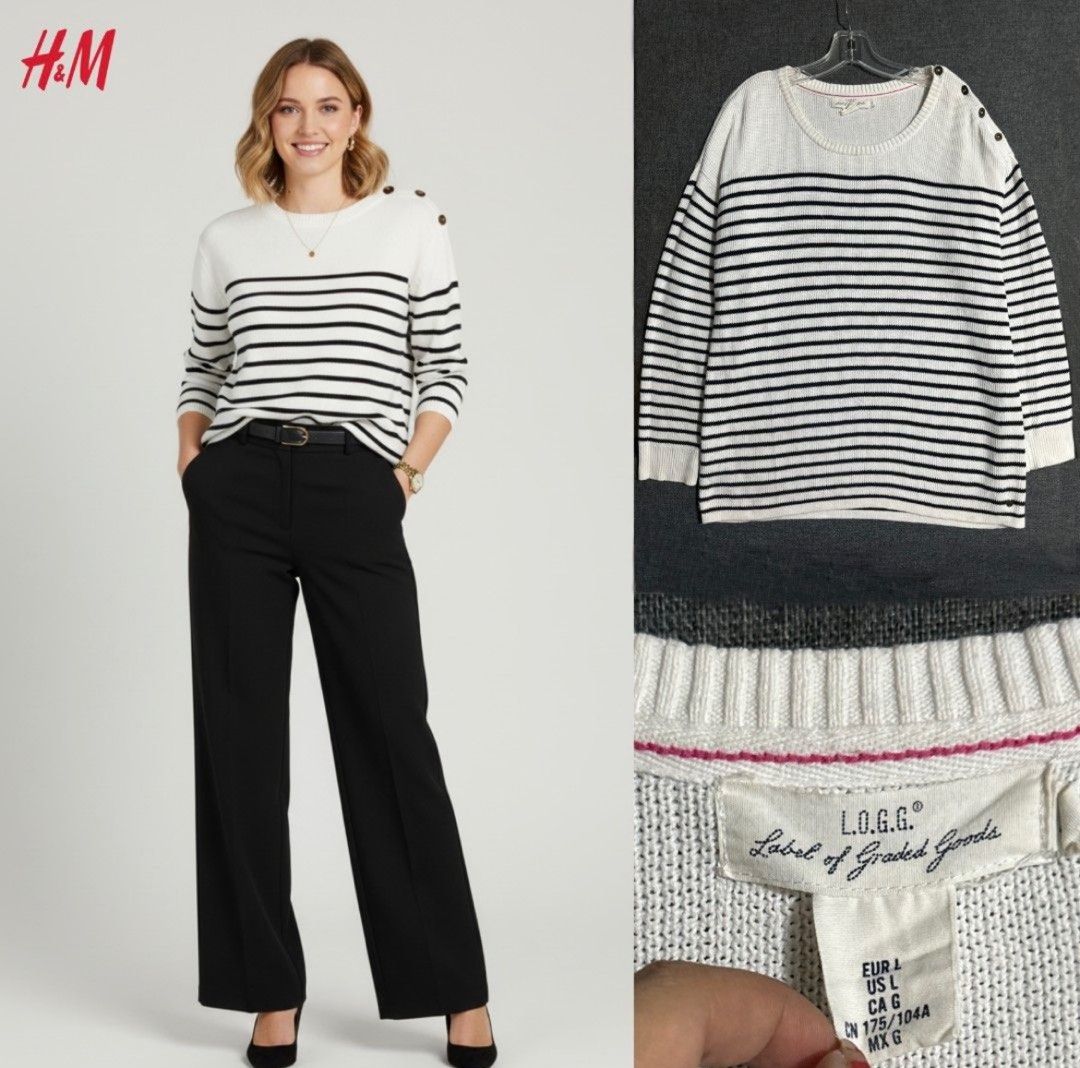 H&M L.O.G.G. Striped Sweater (Category: Longsleeves) located in Pasig City. Submitted by ajdlsrysx (Listing ID 1411725049, Image 2). Description: - H&M L.O.G.G. Sweater - Size: L - Color: White with black stripes - Design: Striped - Features: Round neck, long sleeves, button details on shoulder, ribbed hem .