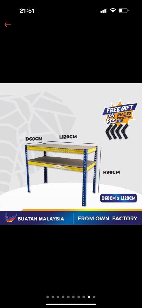 Hyperack boltless rack packaging table (Category: Tables & Sets) located in Klang. Submitted by hnc_streetwears (Listing ID 1411743798, Image 1). Description: Hyperack boltless rack Storage rack Packing table D60cm L120cm Pickup area: KL taman desa.